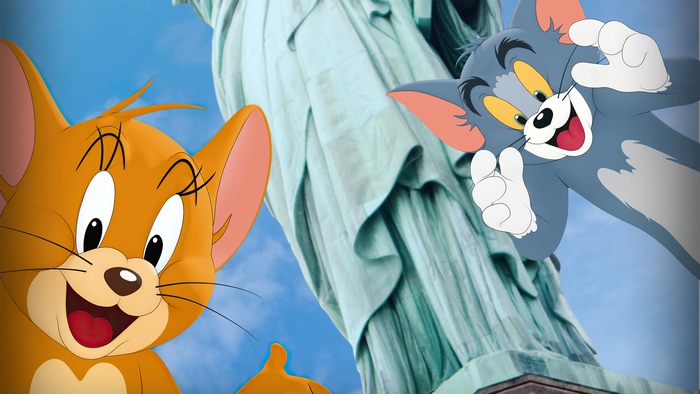Tom and Jerry in front of the Statue of Liberty