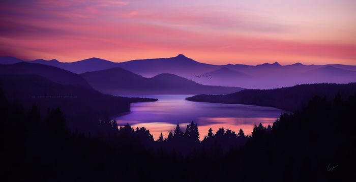 Digital art of a lake at sunset with mountains