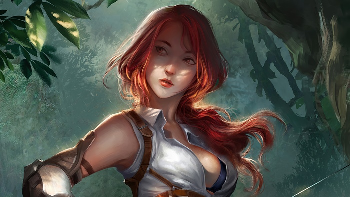 Archer with red hair in a forest