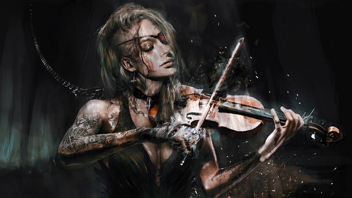 Woman playing violin with tattoos and eyepatch