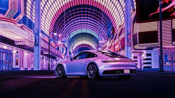 Porsche Carrera from The Crew 2 in neon city