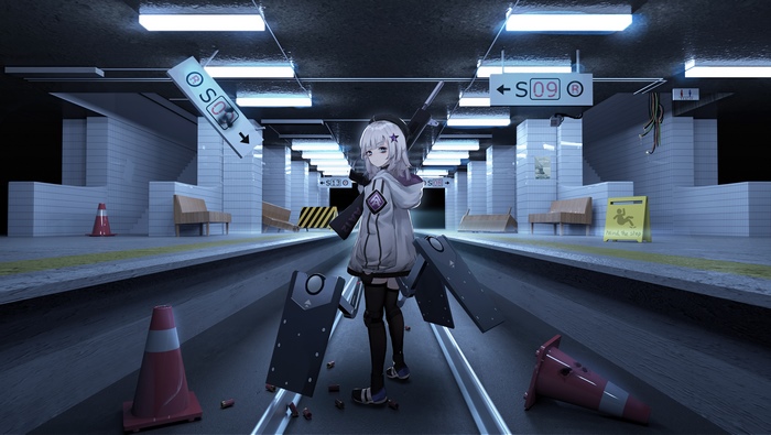 Anime girl with rifle in subway station