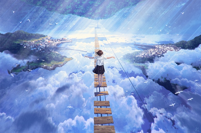 Anime girl walking on a wooden bridge in the sky