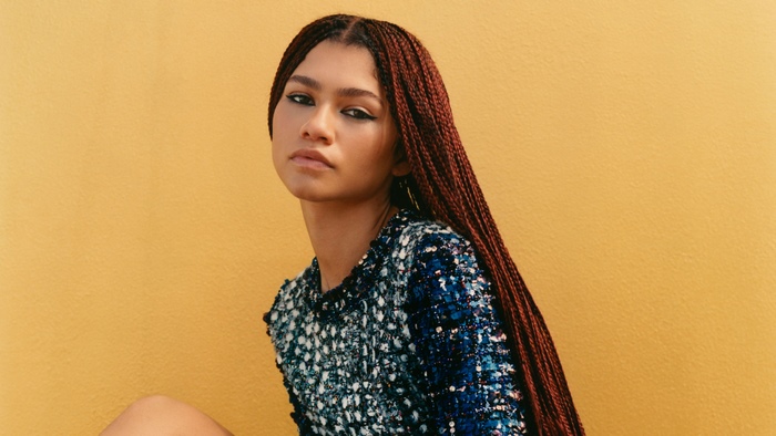 Zendaya in a sparkly blue and white top