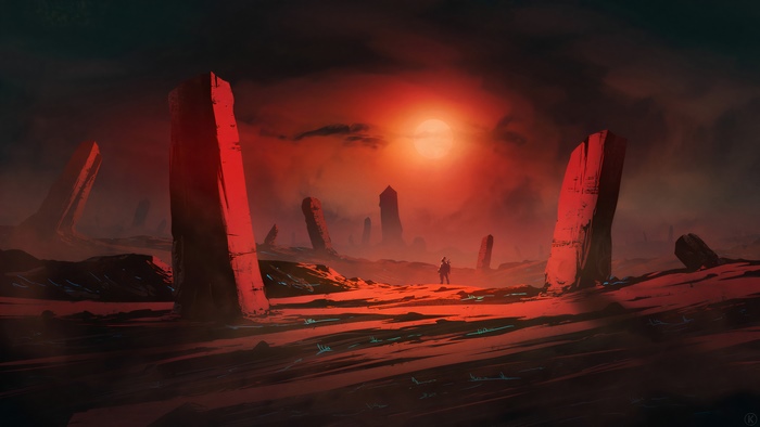 Alien landscape with monoliths and a lone figure