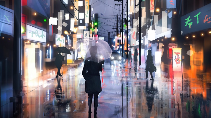 Digital art of people walking in the rain at night