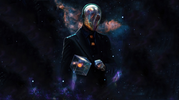 Man with galaxy for a head holding a cube with a solar system