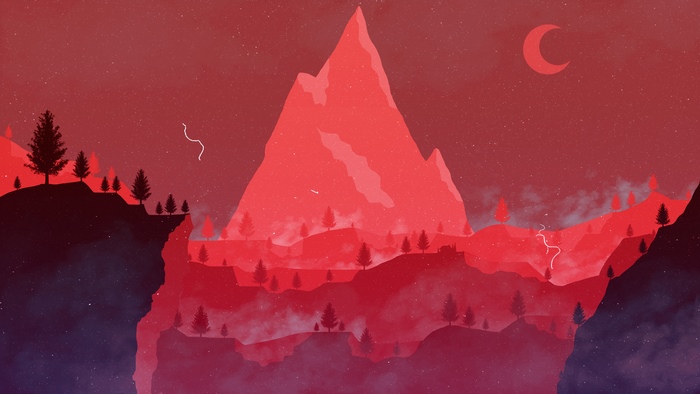 Minimalist digital artwork of a red mountain landscape