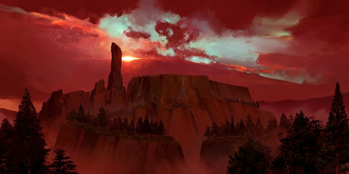 Digital art of a rocky landscape at sunset