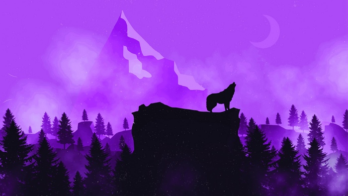 Minimalist purple wolf howling at moon digital art