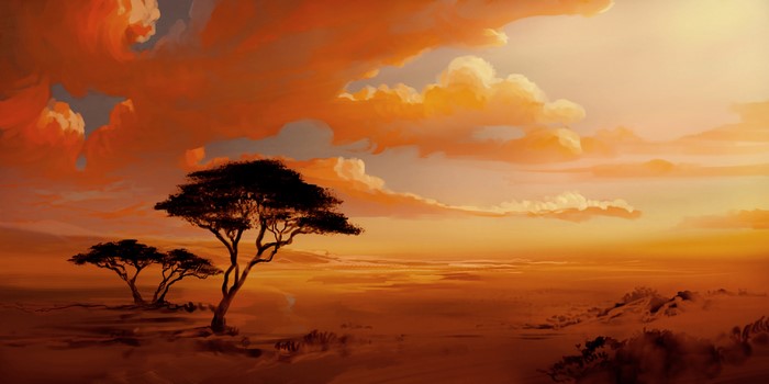 Digital art of African savanna at sunset