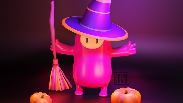 Fall Guys character in witch costume with broom and pumpkins