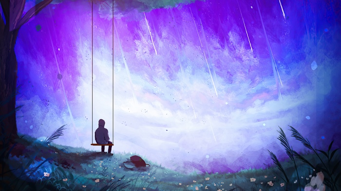 Person on swing watching meteor shower