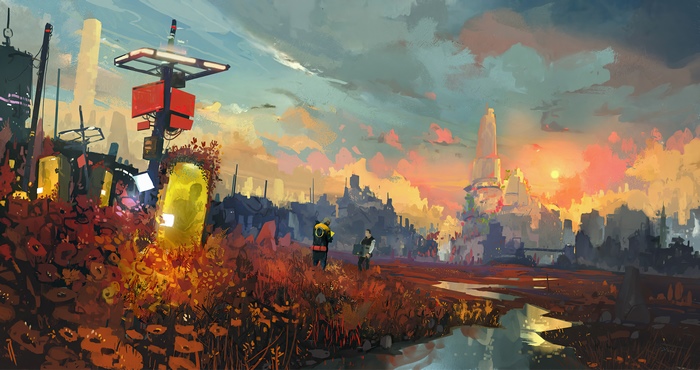 Digital art of a futuristic landscape at sunset