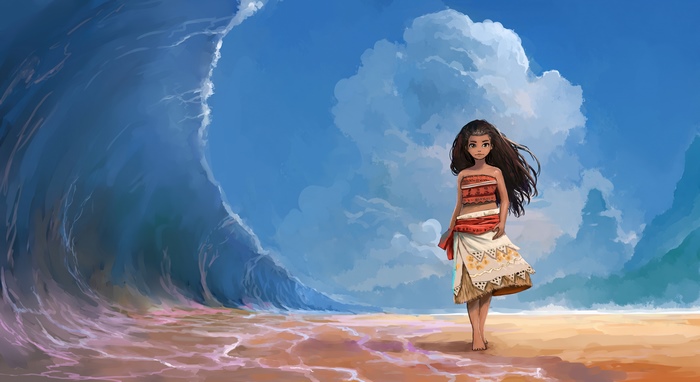 Moana standing on a beach with a large wave