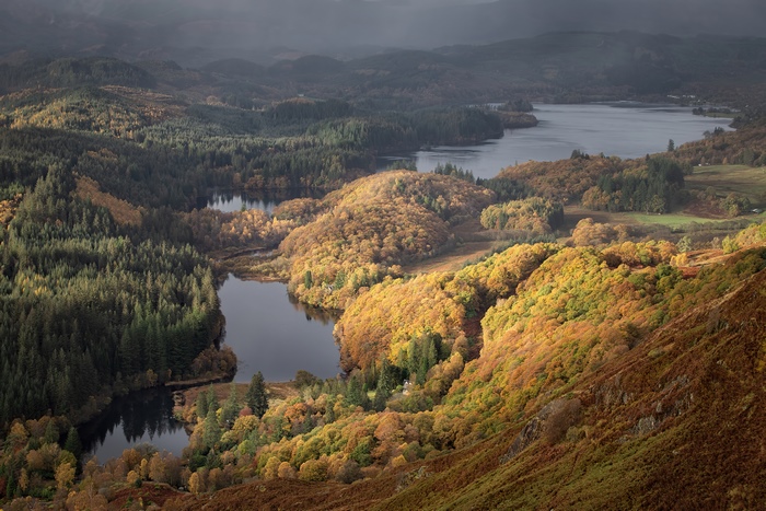 Autumn forest and lakes in the Scottish Highlands 4K