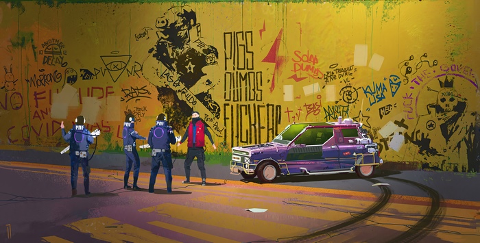 Police confront a man near a graffiti-covered wall and a car