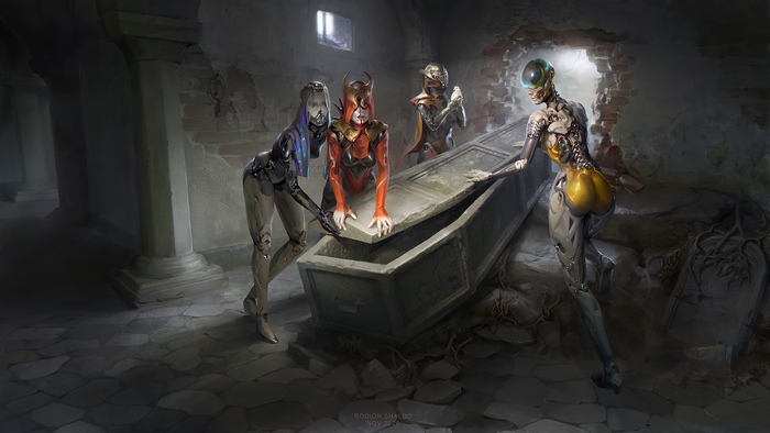 Cyborgs opening a coffin in a ruined building