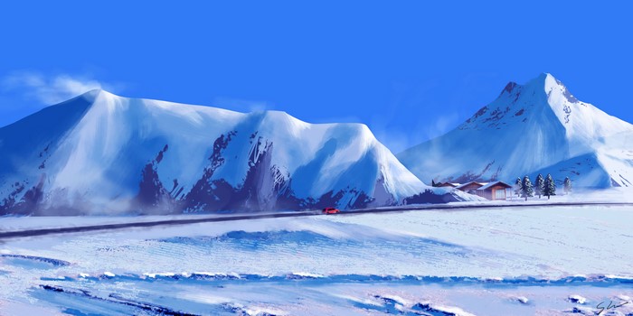 Digital art of a winter mountain landscape with a car