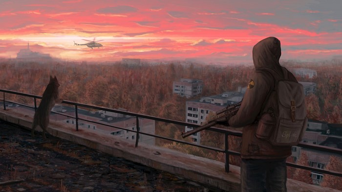Stalker 2 art with a man and dog overlooking a city