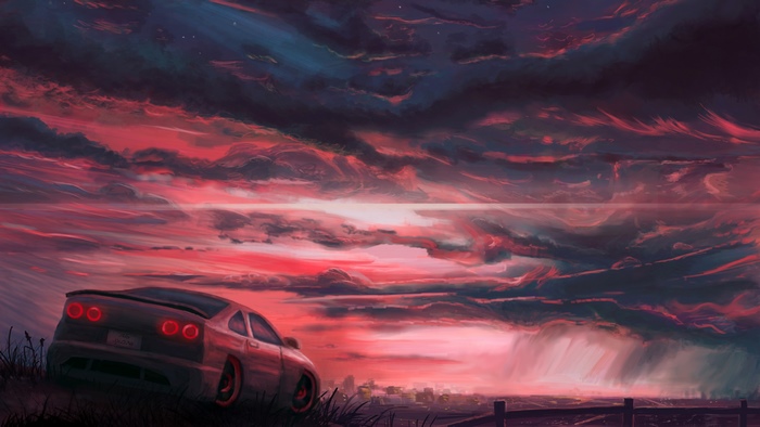 Digital art of a car at sunset