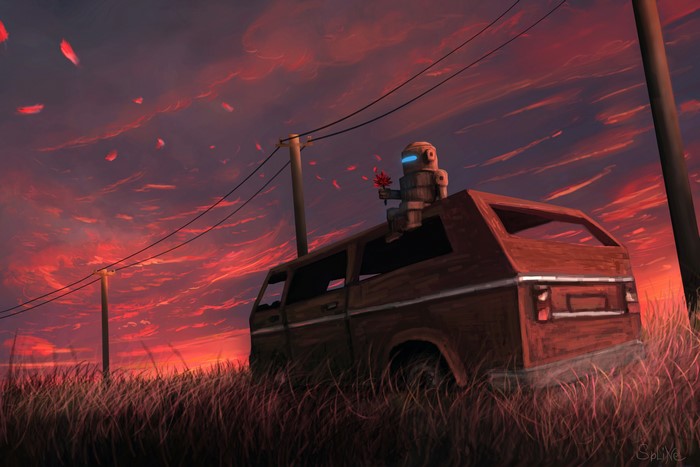 Robot holding a flower on a van at sunset