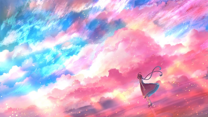 Anime girl with braided hair in a colorful sky