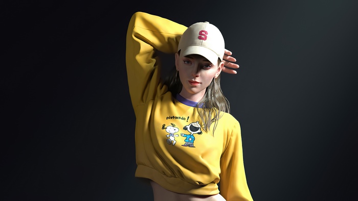 Artwork of a woman wearing a yellow sweatshirt and a cap