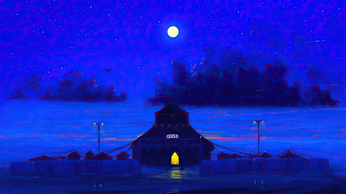 Circus tent at night under a full moon