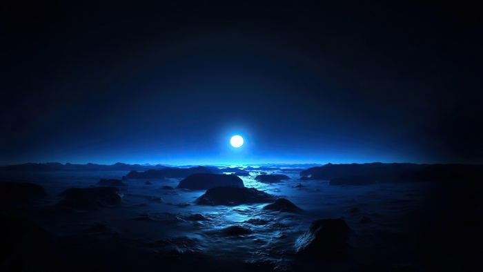 Digital art of a moonlit alien landscape