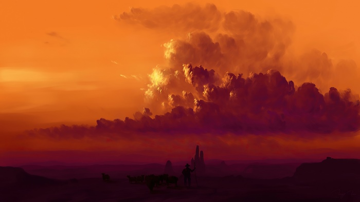 Digital art of a shepherd with sheep at dusk