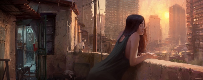 Woman on balcony overlooking futuristic city at sunset