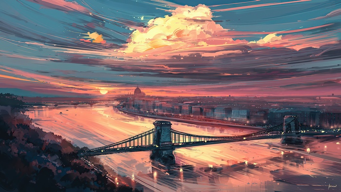 Digital Art of a Cityscape at Sunset