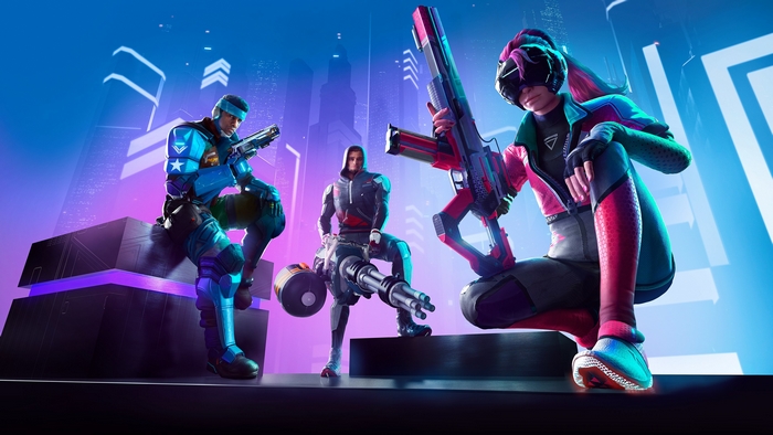 Characters from Hyper Scape with futuristic weapons