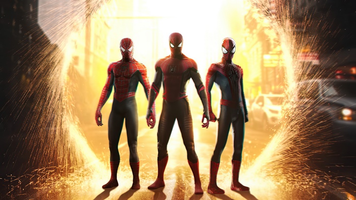 Three Spider-Men in front of a portal