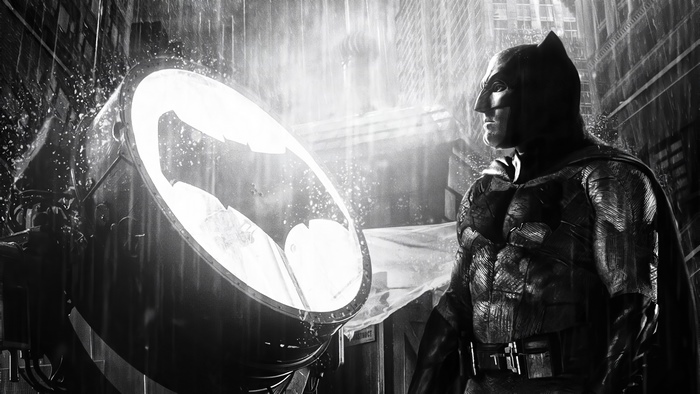Batman in the Rain with Bat-Signal
