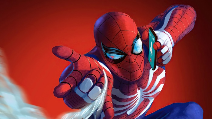 Spider-Man holding a smartphone