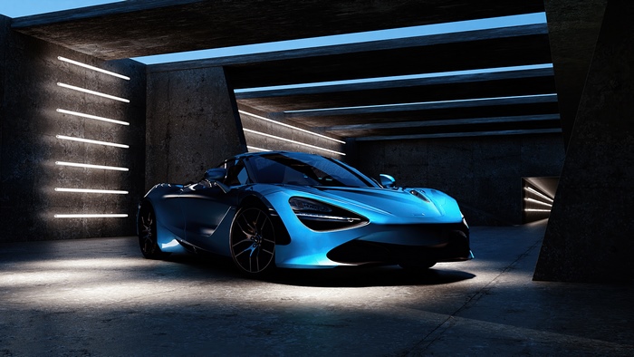 Blue McLaren 720S in a modern concrete garage