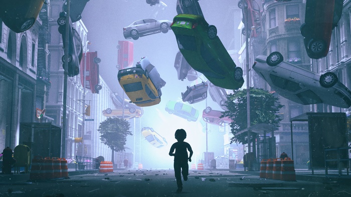 A child runs through a city street with cars floating in the sky