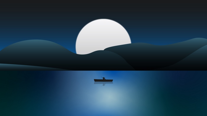 Minimalist boat on a lake with a large moon