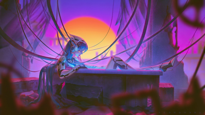 Sci-fi artwork of a cyborg girl with headphones