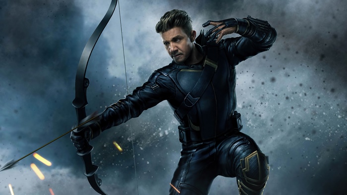 Hawkeye from Marvel Comics aiming a bow and arrow