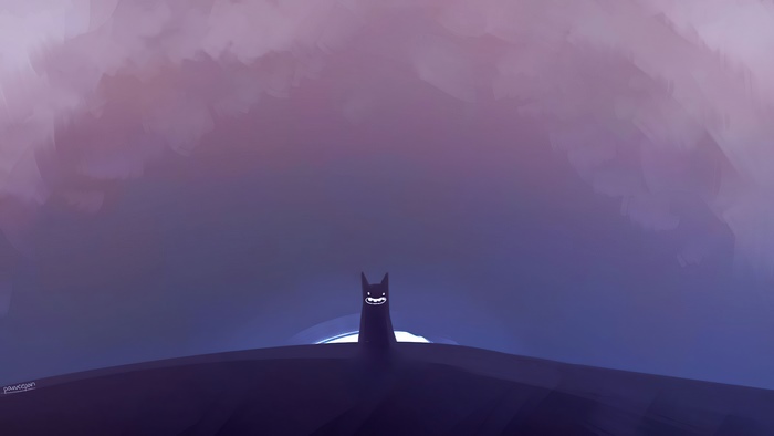 Minimalist Batman silhouette against purple sky