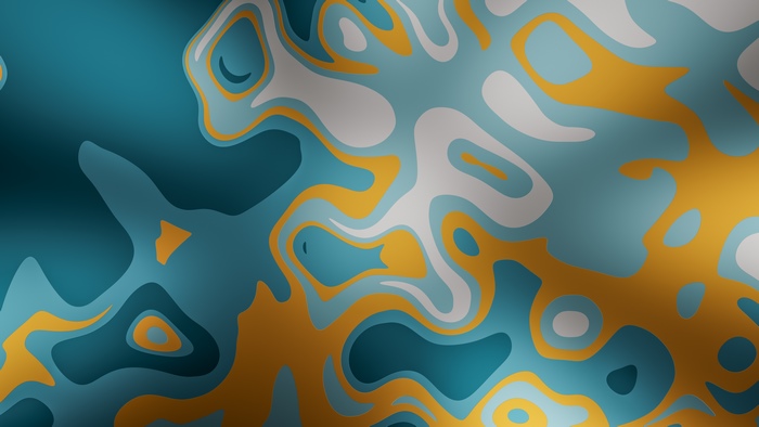 Abstract fluid shapes in teal, gold, and white