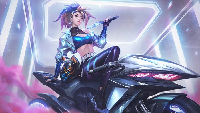Akali from League of Legends on a motorcycle