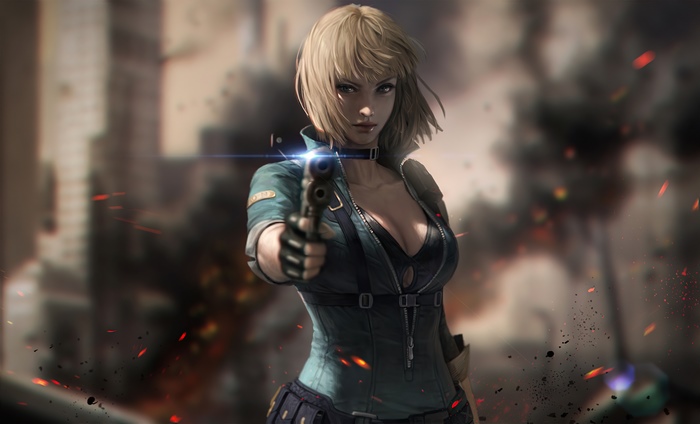 Woman with gun in a warzone