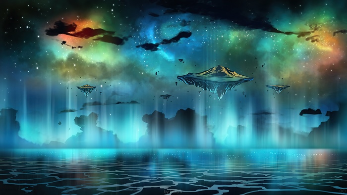 Floating islands in a colorful nebula with aurora borealis