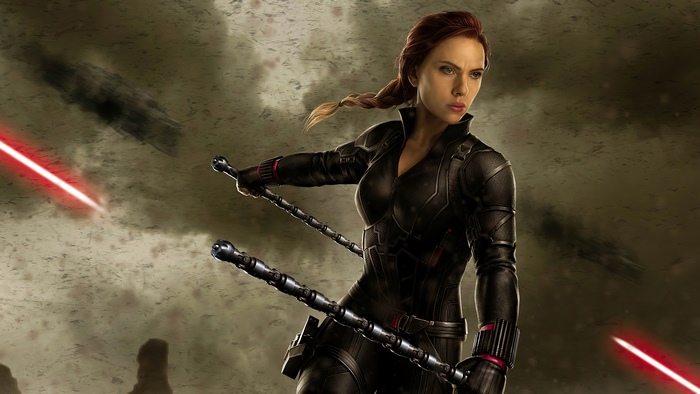 Black Widow with batons and red lightsabers