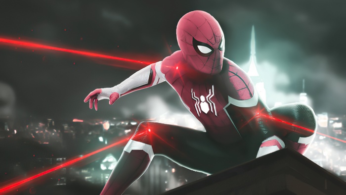 Spiderman artwork with red lasers