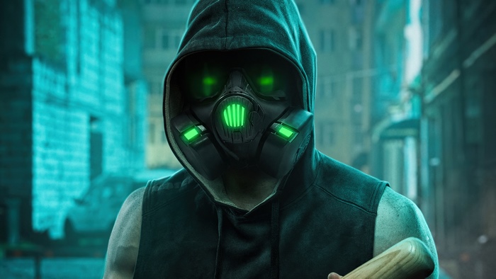 Man in hoodie and gas mask with baseball bat